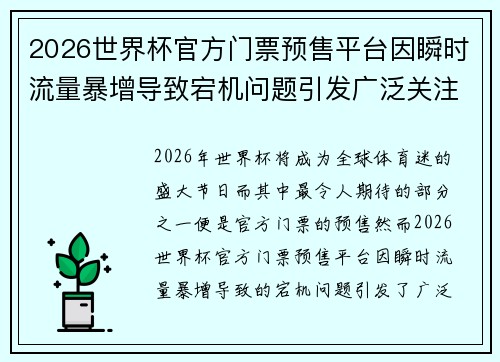 2026世界杯官方门票预售平台因瞬时流量暴增导致宕机问题引发广泛关注